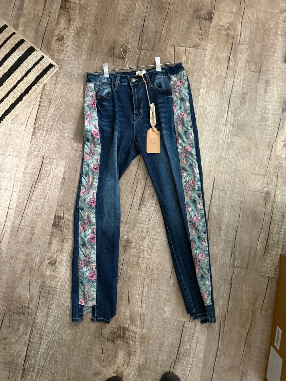 new easel Blue Skinny Jeans with Floral Side Panels